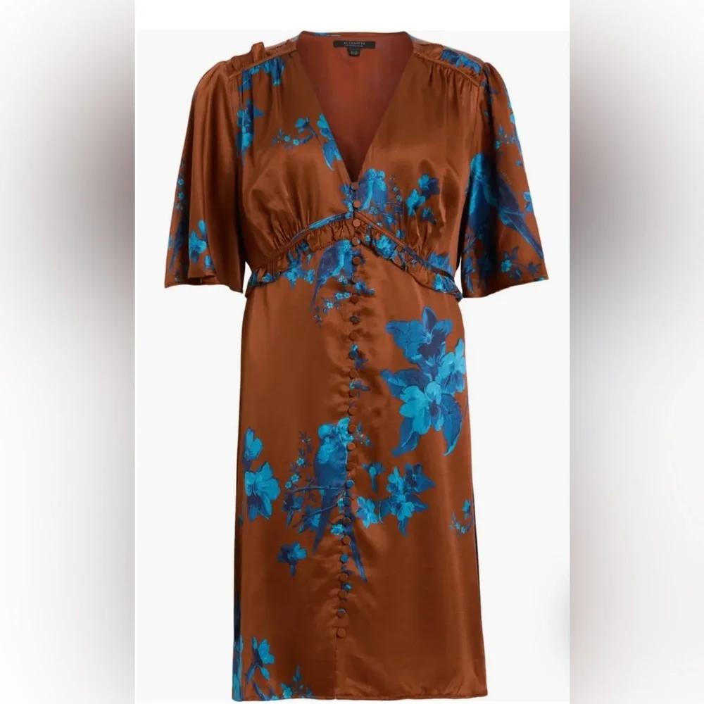 All Saints Tiam Iona Silk Blend Empire Waist Satin Mini Dress Size 0 NWT - Picture 5 of 16